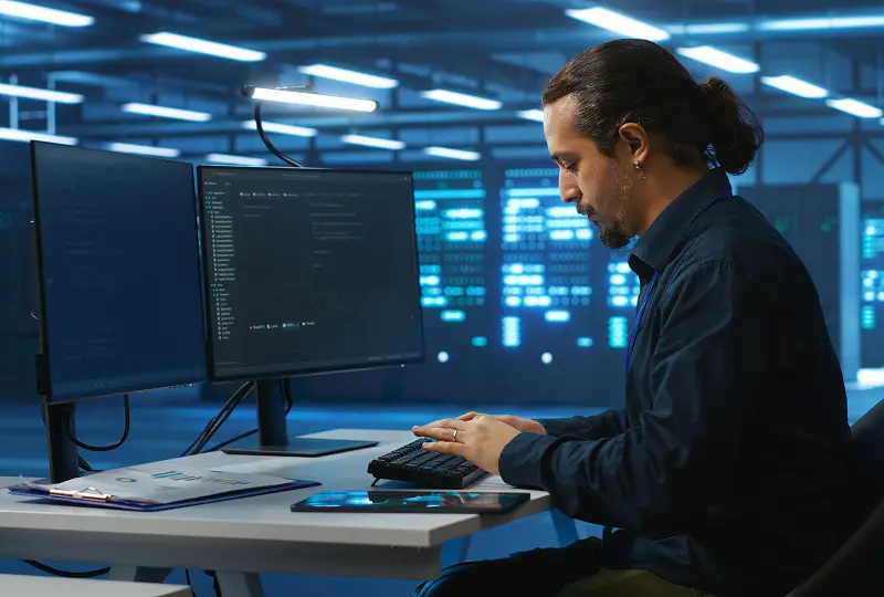 GettyImages-2165026227 Person coding at dual monitors in server room.